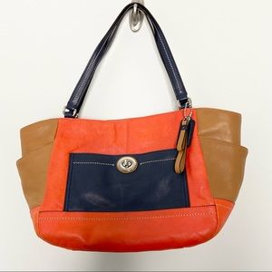 Coach Park Carrie Colorblock Leather Bag Red Camel Navy silver tone hardware